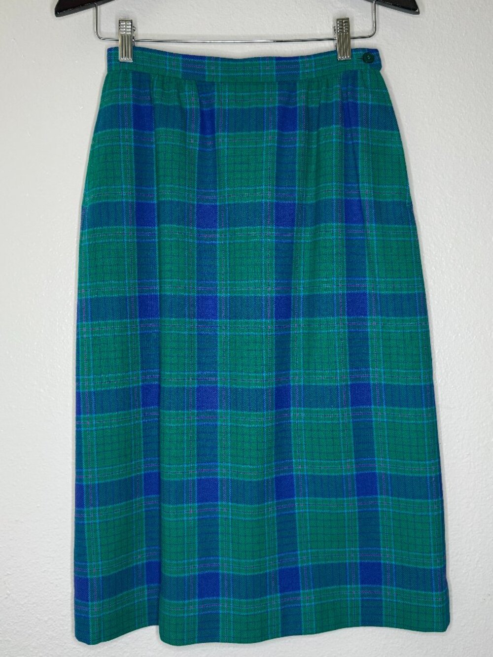 Vintage 60s Pendleton Bright Green Blue Wool Check Plaid Pencil Skirt | Small